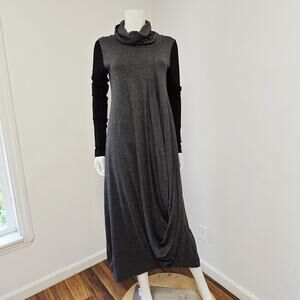 Alembika Dress Size 1 Small Midi Lagenlook Draped Long Sleeve Gray Black Artsy